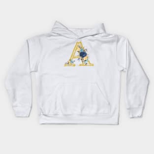 Monogram Letter A In Metallic Gold With Aesthetic Blue Flowers Botany Kids Hoodie